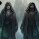 An illustration of two Jedi masters wearing cloaks and holding their sabers from the cover of Midnight Horizon.